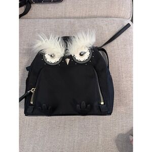 Kate Spade New York Owl Backpack Black Nylon Leather Trim Cute Fun‎ Bag